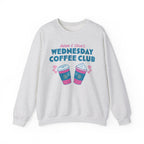 Light gray crewneck sweatshirt featuring Adam and Olive Wednesday Coffee Club lettering and colorful coffee cups, by Thtgrlreads for the Ali Hazelwood collection.