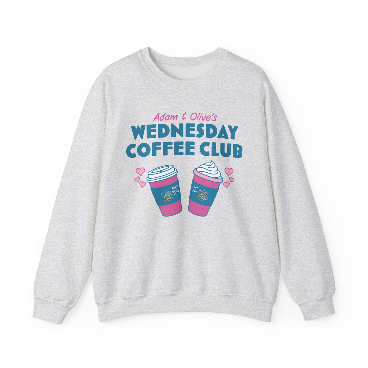 Light gray crewneck sweatshirt featuring Adam and Olive Wednesday Coffee Club lettering and colorful coffee cups, by Thtgrlreads for the Ali Hazelwood collection.