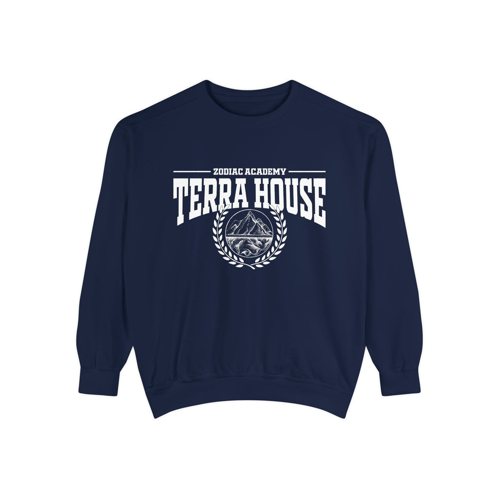 Zodiac Academy crewneck sweatshirt by thtgrlreads featuring vintage white graphic text and emblem on navy Comfort Colors fabric, part of Back to School and Crewnecks collections.