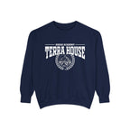 Zodiac Academy crewneck sweatshirt by thtgrlreads featuring vintage white graphic text and emblem on navy Comfort Colors fabric, part of Back to School and Crewnecks collections.