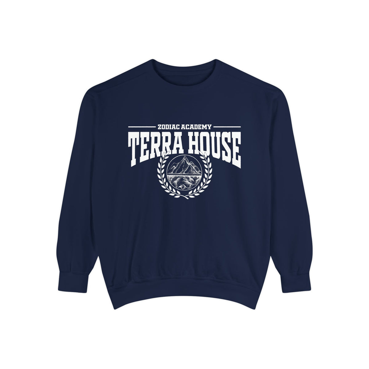 Zodiac Academy crewneck sweatshirt by thtgrlreads featuring vintage white graphic text and emblem on navy Comfort Colors fabric, part of Back to School and Crewnecks collections.