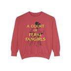 Off Brand oversized crewneck sweatshirt by thtgrlreads featuring vintage wash Comfort Colors fabric and a bold yellow graphic text reading "A Court of Feral Fangirls" with a sketch-style illustration, perfect for Book Bestie fans.