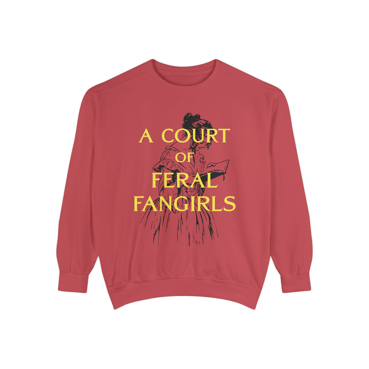 Off Brand oversized crewneck sweatshirt by thtgrlreads featuring vintage wash Comfort Colors fabric and a bold yellow graphic text reading "A Court of Feral Fangirls" with a sketch-style illustration, perfect for Book Bestie fans.