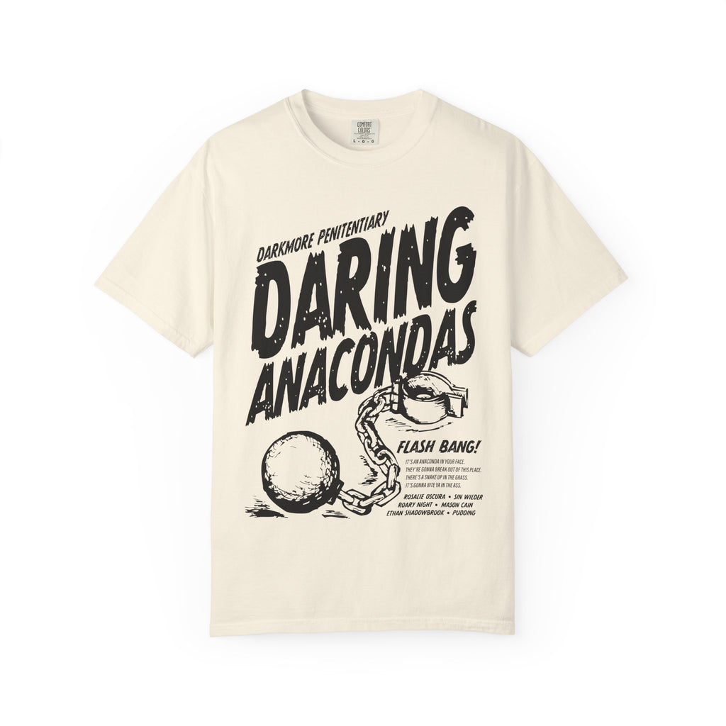 Off-white Comfort Colors graphic tee from thtgrlreads featuring a vintage-style black print with bold "Daring Anacondas" text and a ball and chain design, part of Darkmore Penitentiary and Tees collections.
