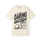 Off-white Comfort Colors graphic tee from thtgrlreads featuring a vintage-style black print with bold "Daring Anacondas" text and a ball and chain design, part of Darkmore Penitentiary and Tees collections.