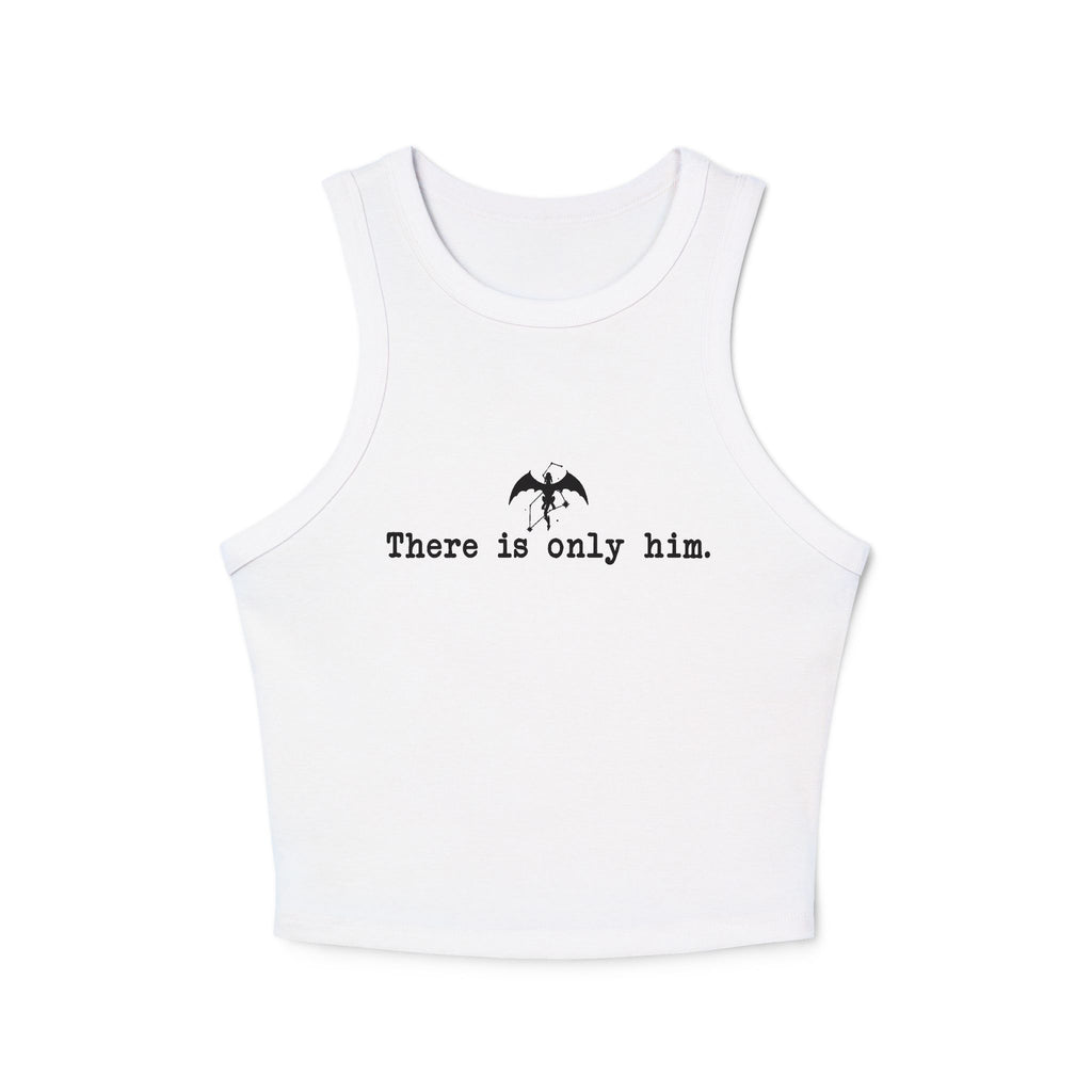 Thtgrlreads Zodiac Academy collection features a white vintage-wash cropped tank with minimalist black print saying "There is only him" and a small bat graphic, perfect comfort colors fabric.