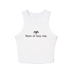 Thtgrlreads Zodiac Academy collection features a white vintage-wash cropped tank with minimalist black print saying "There is only him" and a small bat graphic, perfect comfort colors fabric.