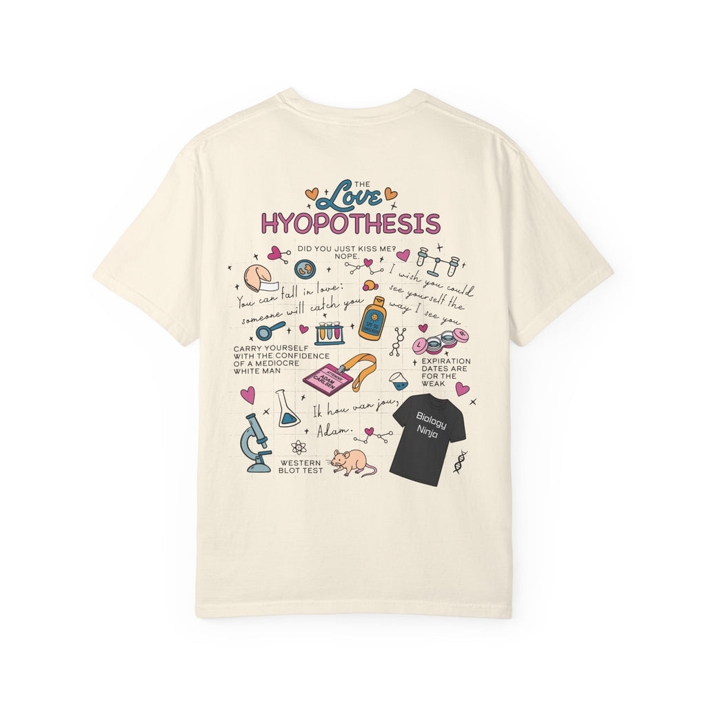 Cream The Love Hypothesis graphic tee with colorful science and romance doodles, a relaxed Comfort Colors cotton shirt from Thtgrlreads in Tees and Ali Hazelwood