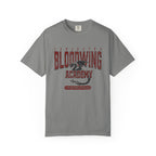 Bloodwing Academy comfort colors graphic tee by thtgrlreads features a vintage washed gray fabric with a distressed red and black dragon print, perfect for fandom fans of the Bloodwing Academy collection.