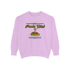 thtgrlreads officially licensed crewneck from The Poison Daughter collection featuring a vintage-wash Comfort Colors lavender oversized sweatshirt with a retro pasta club graphic and bold text design.