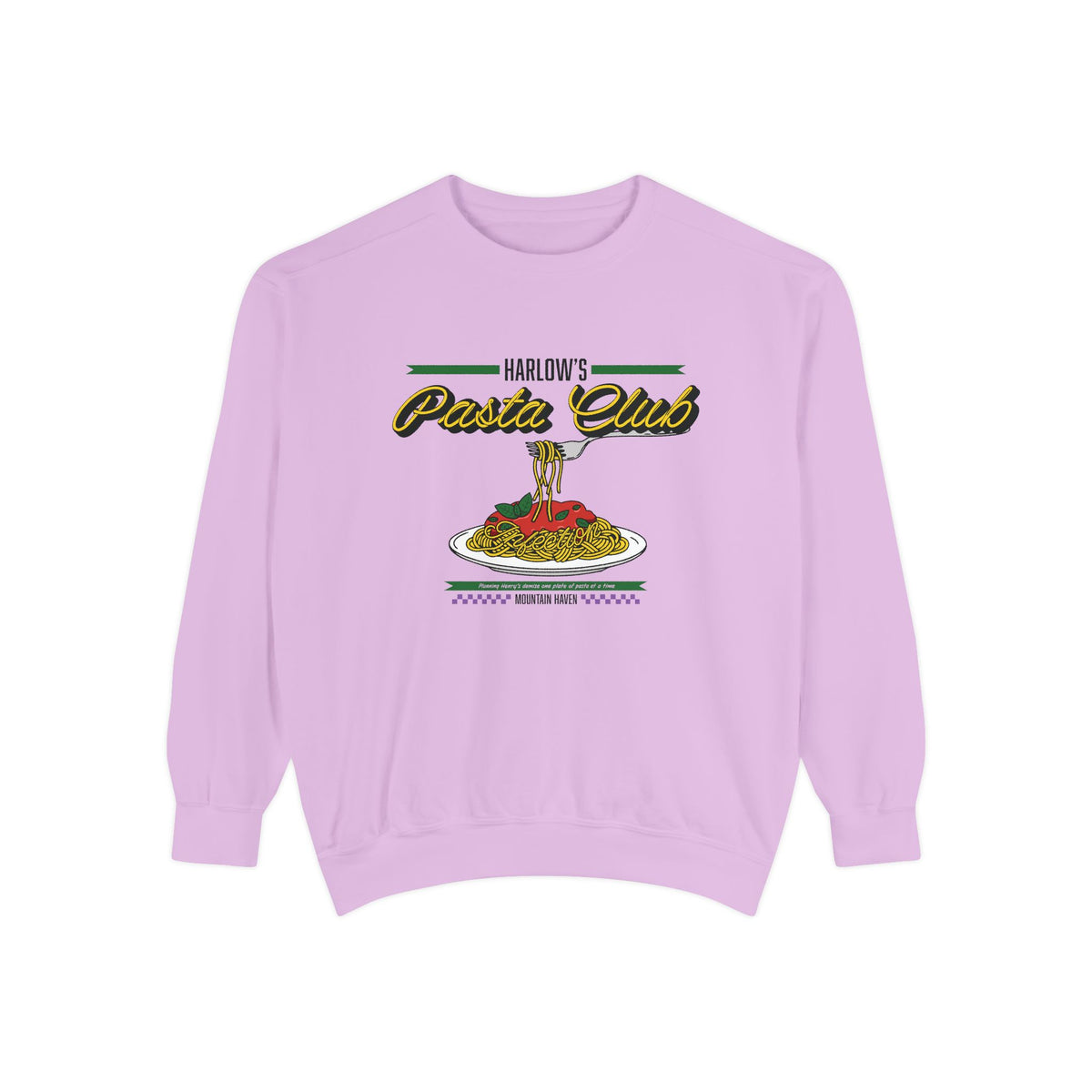 thtgrlreads officially licensed crewneck from The Poison Daughter collection featuring a vintage-wash Comfort Colors lavender oversized sweatshirt with a retro pasta club graphic and bold text design.