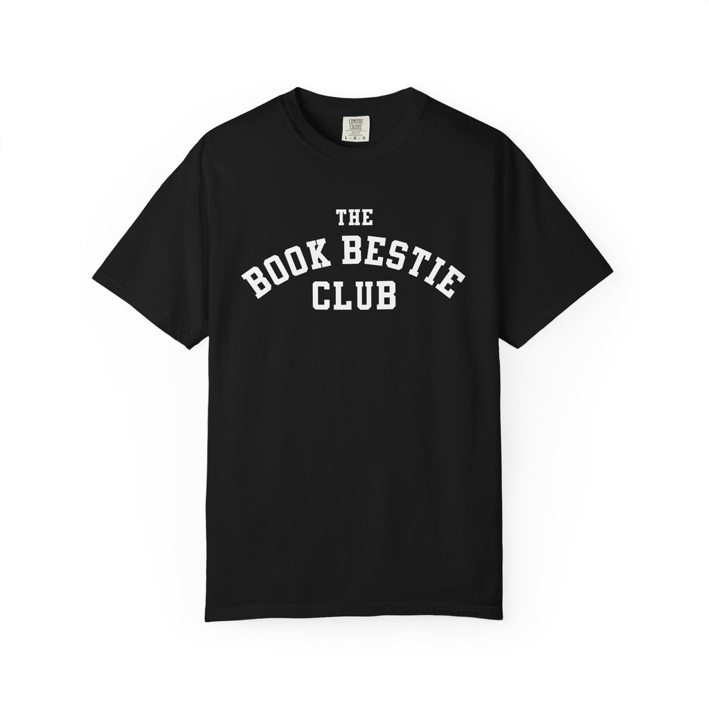 Black vintage-wash Comfort Colors graphic tee from thtgrlreads featuring bold white collegiate-style "The Book Bestie Club" text, part of the Book Bestie collection.