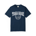 Thtgrlreads Zodiac Academy collection vintage wash Comfort Colors graphic tee in navy blue featuring bold white Terra House text and a mountain emblem with laurel wreath.