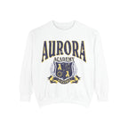 A white oversized crewneck sweatshirt from thtgrlreads featuring vintage puff print text and crest graphic from the Aurora Academy collection, part of Ruthless Boys of the Zodiac and Back to School crewnecks.