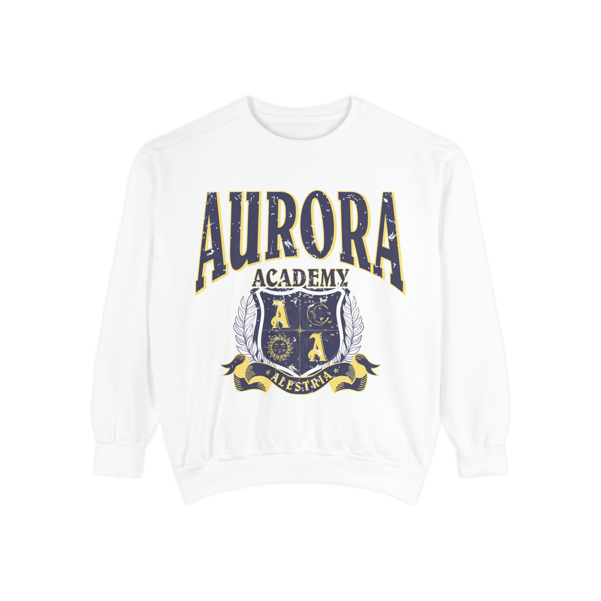 A white oversized crewneck sweatshirt from thtgrlreads featuring vintage puff print text and crest graphic from the Aurora Academy collection, part of Ruthless Boys of the Zodiac and Back to School crewnecks.