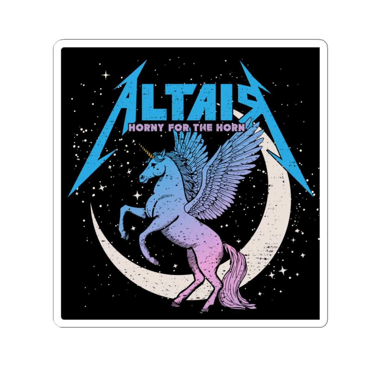Sticker from thtgrlreads featuring a Zodiac Academy-inspired design with a pastel blue and purple winged unicorn rearing in front of a crescent moon and starry background.