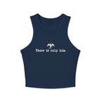 Zodiac Academy inspired navy blue crop tank from thtgrlreads featuring vintage wash Comfort Colors fabric and white minimalist graphic with text "There is only him.