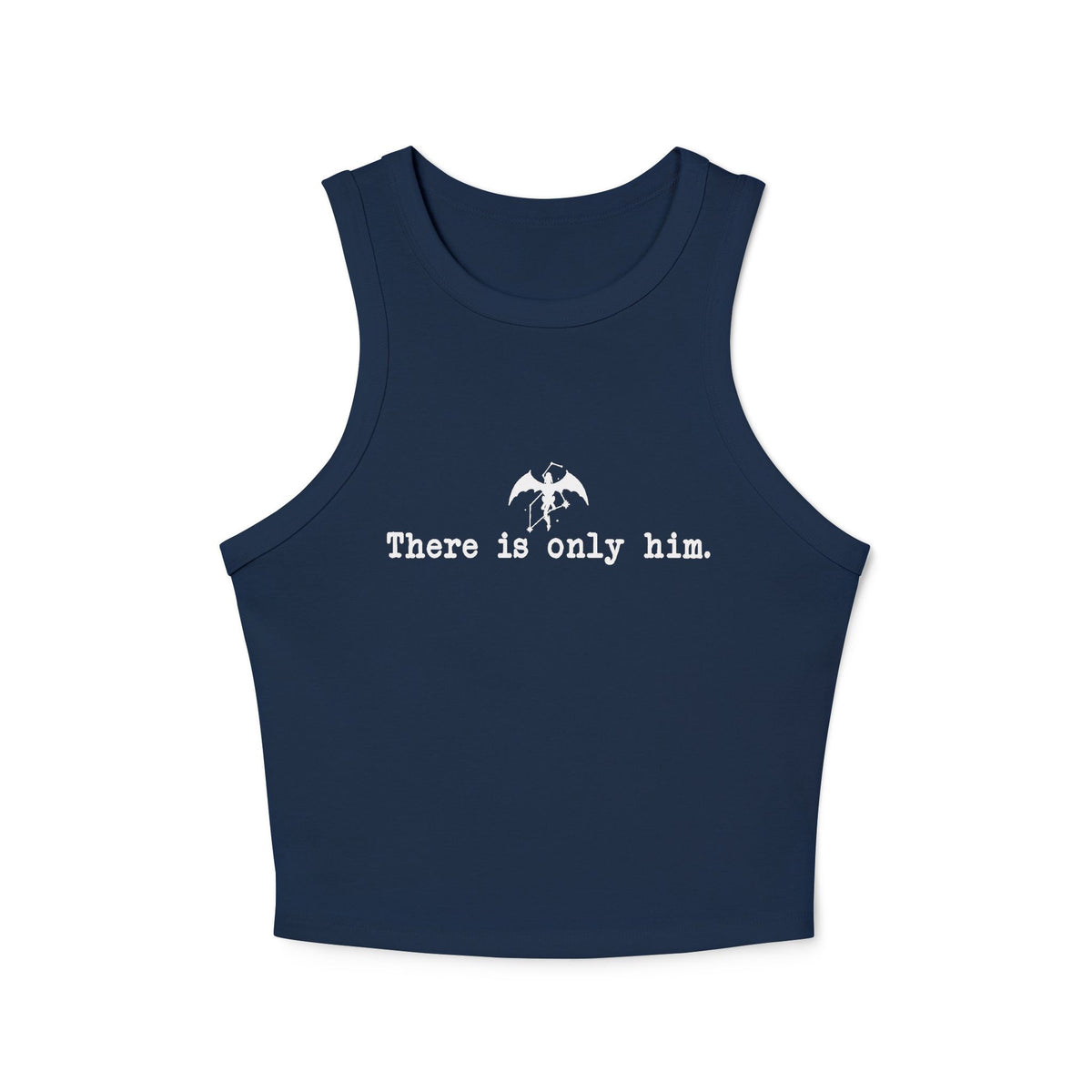 Zodiac Academy inspired navy blue crop tank from thtgrlreads featuring vintage wash Comfort Colors fabric and white minimalist graphic with text "There is only him.