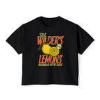 Thtgrlreads Darkmore Penitentiary collection women's black Comfort Colors crop top featuring a vintage-style graphic of lemons with "Sin Wilder's Lemons" and "Belorian Repellant" text in bold orange and green letters.