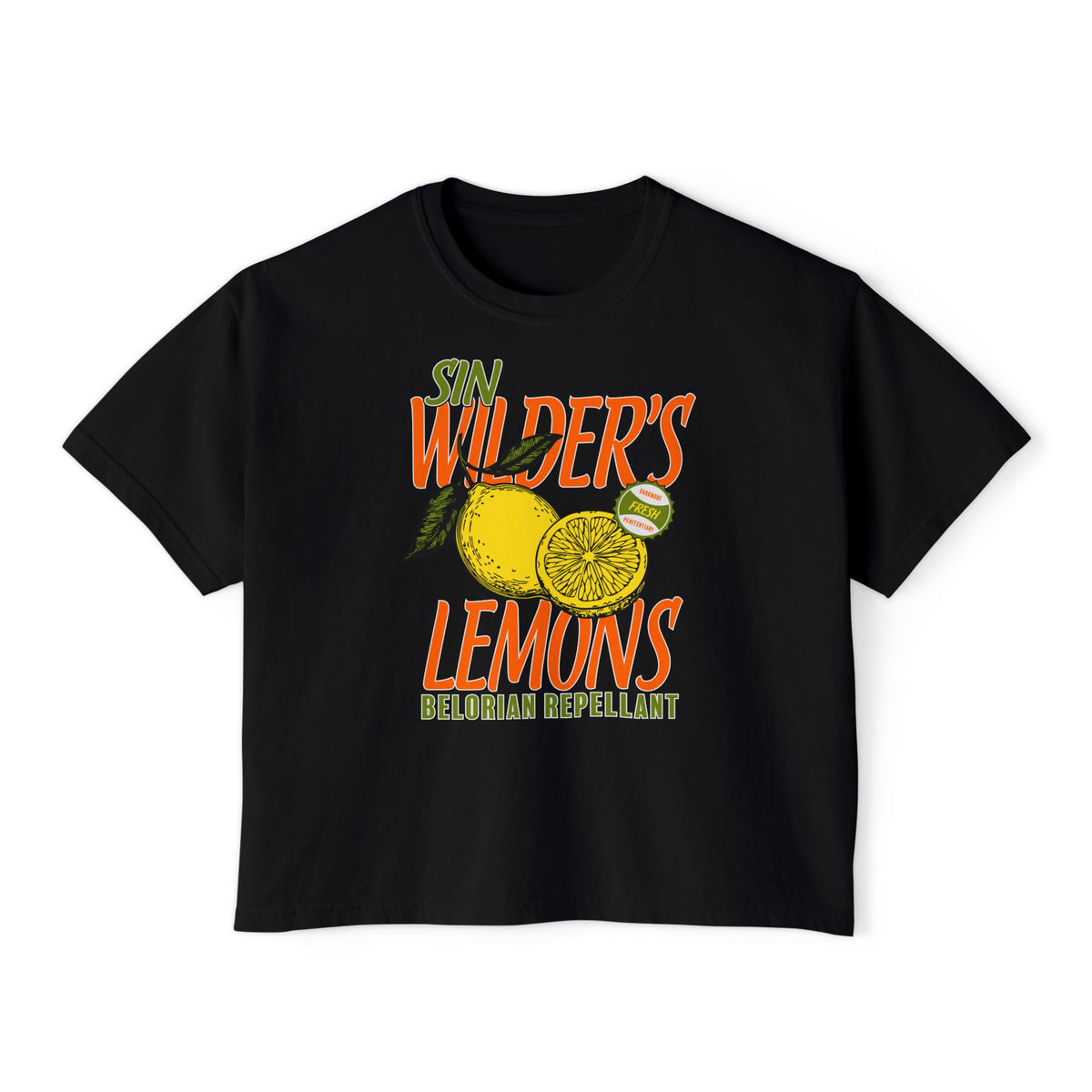 Thtgrlreads Darkmore Penitentiary collection women's black Comfort Colors crop top featuring a vintage-style graphic of lemons with "Sin Wilder's Lemons" and "Belorian Repellant" text in bold orange and green letters.