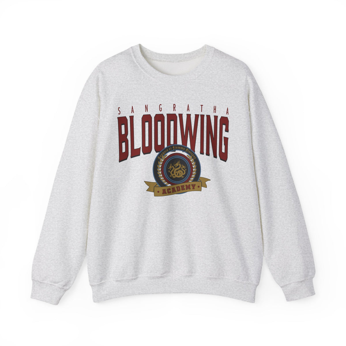 Bloodwing Academy-themed oversized crewneck sweatshirt by thtgrlreads featuring a vintage wash and bold graphic crest print, part of Bloodwing Academy and Crewnecks collections.