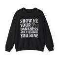 Thtgrlreads Lady of Darkness & Legacy Series oversized crewneck sweatshirt in black with vintage-wash Comfort Colors fabric, featuring bold white gothic script and a detailed sword graphic.