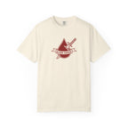 Thtgrlreads Bloodwing Academy collection features a vintage wash Comfort Colors graphic tee in cream with a red sword and banner emblem reading "Blood Guard" ideal for fans of fantasy romance and romantasy book merch.