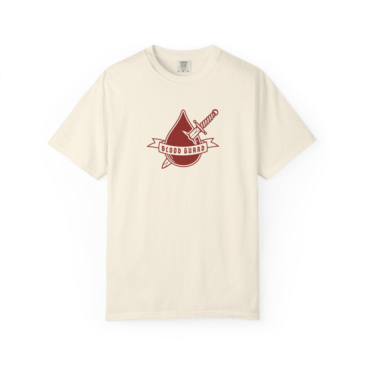 Thtgrlreads Bloodwing Academy collection features a vintage wash Comfort Colors graphic tee in cream with a red sword and banner emblem reading "Blood Guard" ideal for fans of fantasy romance and romantasy book merch.