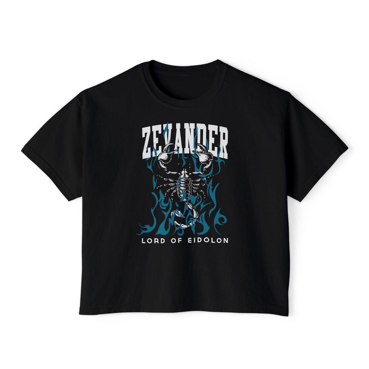 Thtgrlreads Zevander Crop Top from The Eating Woods collection features a black Comfort Colors cropped tee with a vintage-style graphic of a skeletal figure surrounded by blue flames and bold white text.
