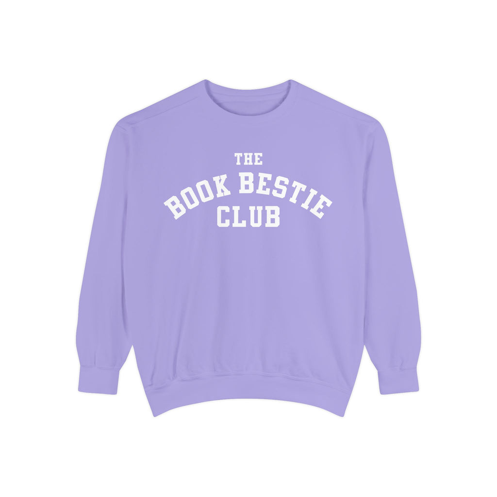 thtgrlreads Book Bestie cozy oversized crewneck sweatshirt in vintage-wash lilac with white collegiate-style printed text, part of the Book Bestie and Crewnecks collections.