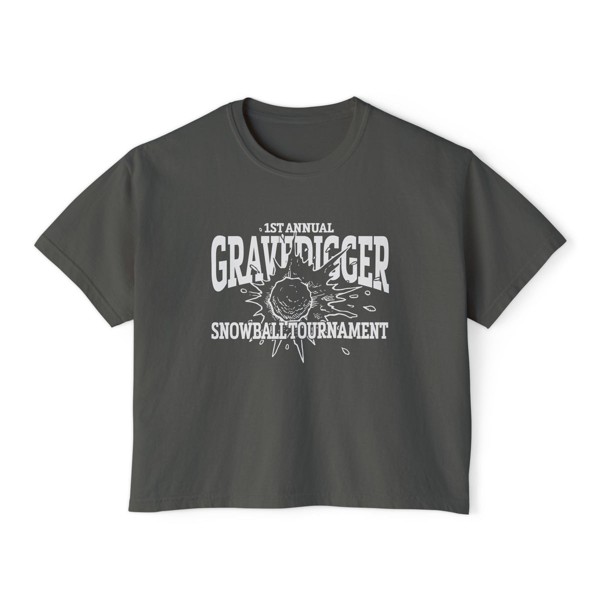 Liv Zander collection crop top from thtgrlreads featuring a vintage-wash Comfort Colors fabric with a bold white graphic reading "1st Annual Gravedigger Snowball Tournament" on a charcoal gray unisex cropped t-shirt.
