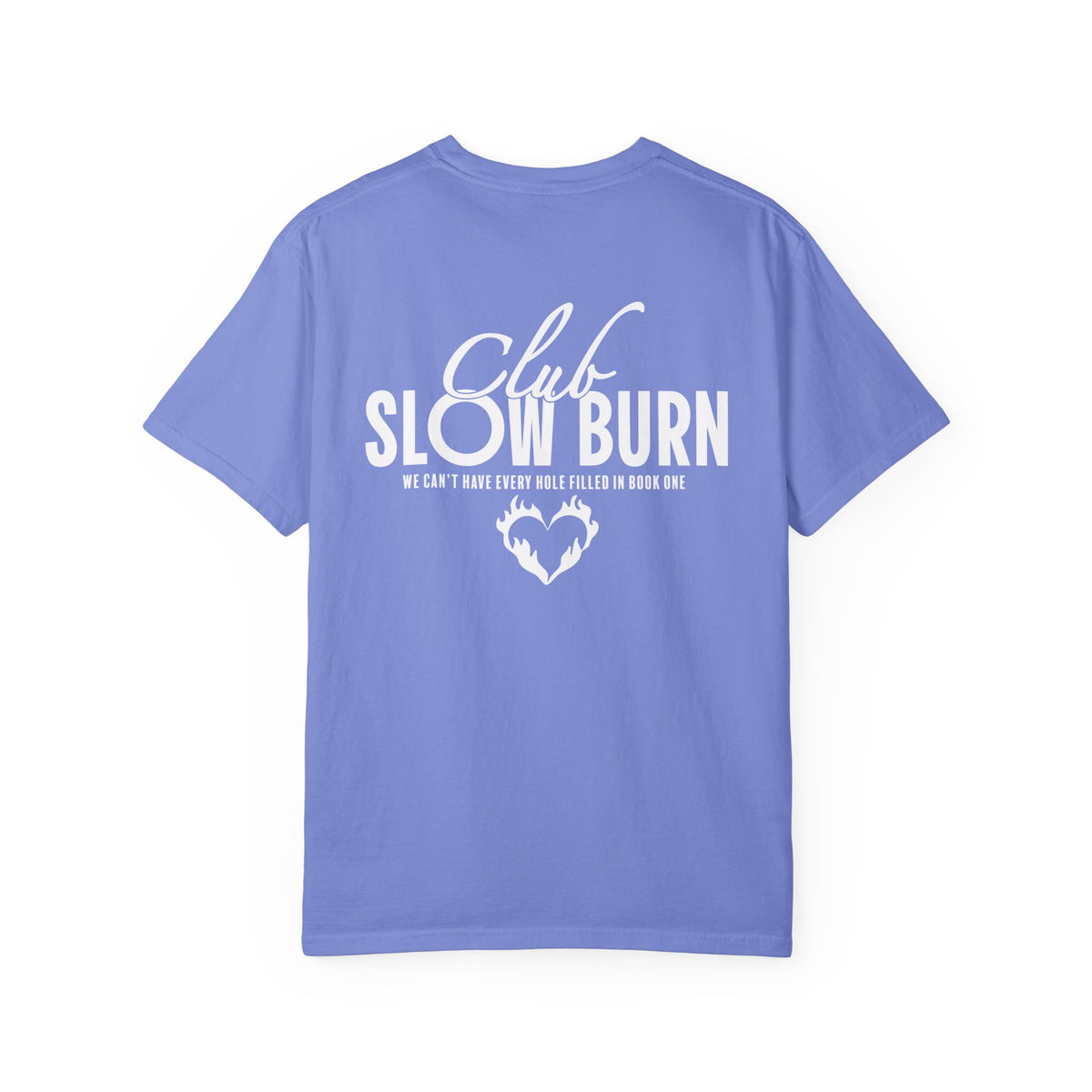 thtgrlreads officially licensed Comfort Colors graphic tee from the Book Bestie collection featuring a vintage-wash lavender fabric with white "Club Slow Burn" text and flame heart design.