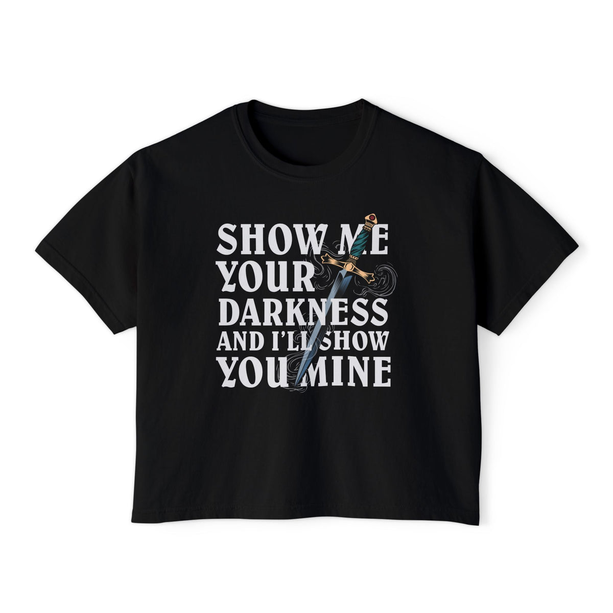 Thtgrlreads Lady of Darkness & Legacy Series black Comfort Colors crop top featuring a vintage wash and bold graphic text with a detailed sword illustration, perfect for romantasy book fans.