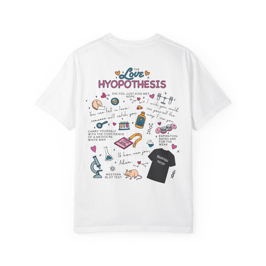 White Love Hypothesis graphic tee with playful science and romance illustrations, officially licensed Ali Hazelwood apparel from Thtgrlreads Tees.