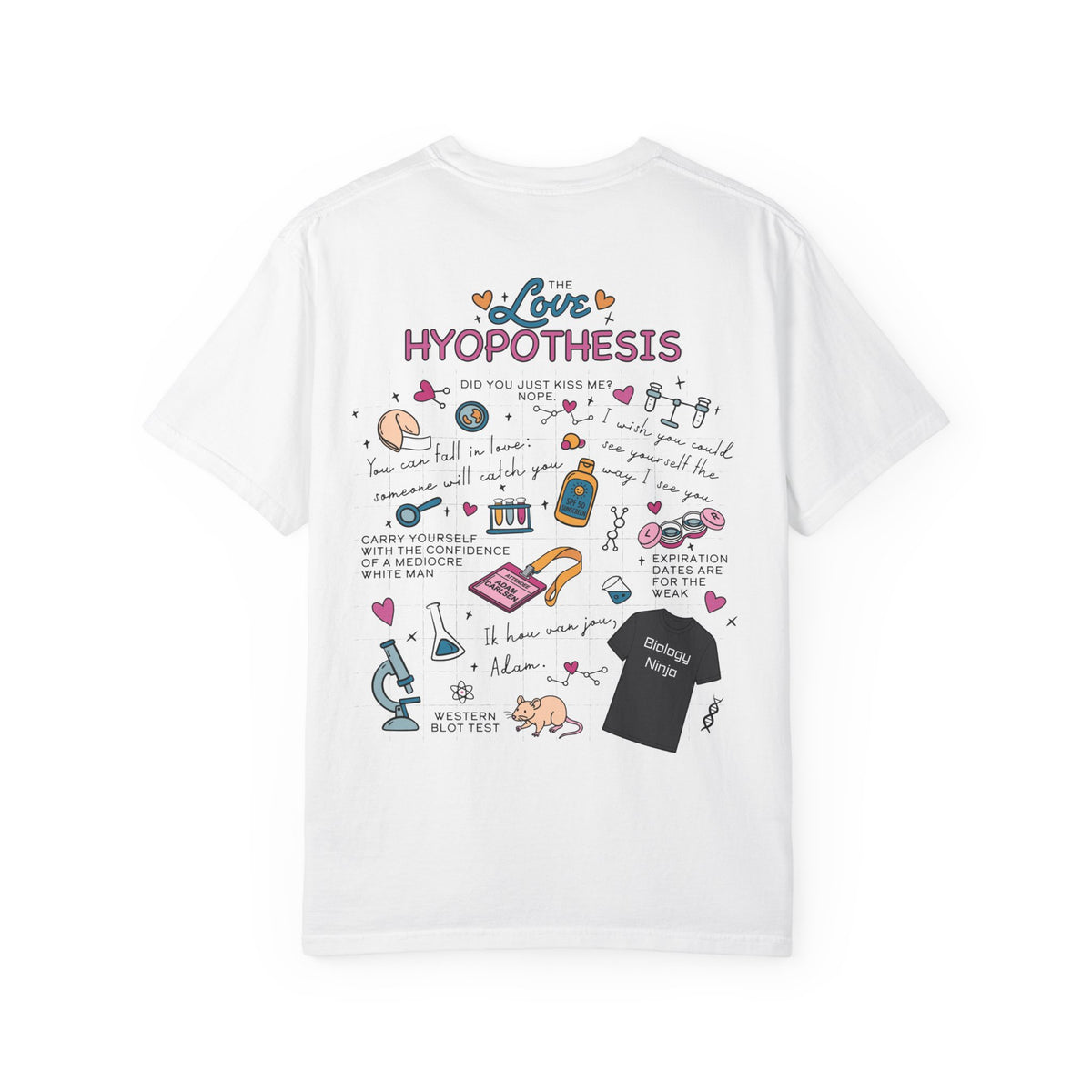 White Love Hypothesis graphic tee with playful science and romance illustrations, officially licensed Ali Hazelwood apparel from Thtgrlreads Tees.