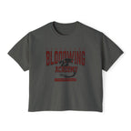 Bloodwing Academy crop top from thtgrlreads featuring a vintage wash Comfort Colors base in dark gray with a distressed red graphic of a dragon and gothic text, part of the Bloodwing Academy and Tees collections.