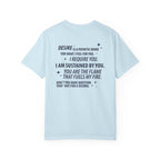 Light blue Comfort Colors graphic tee from thtgrlreads featuring a bold black text design with a romantic quote from the Kindred's Curse Saga collection.