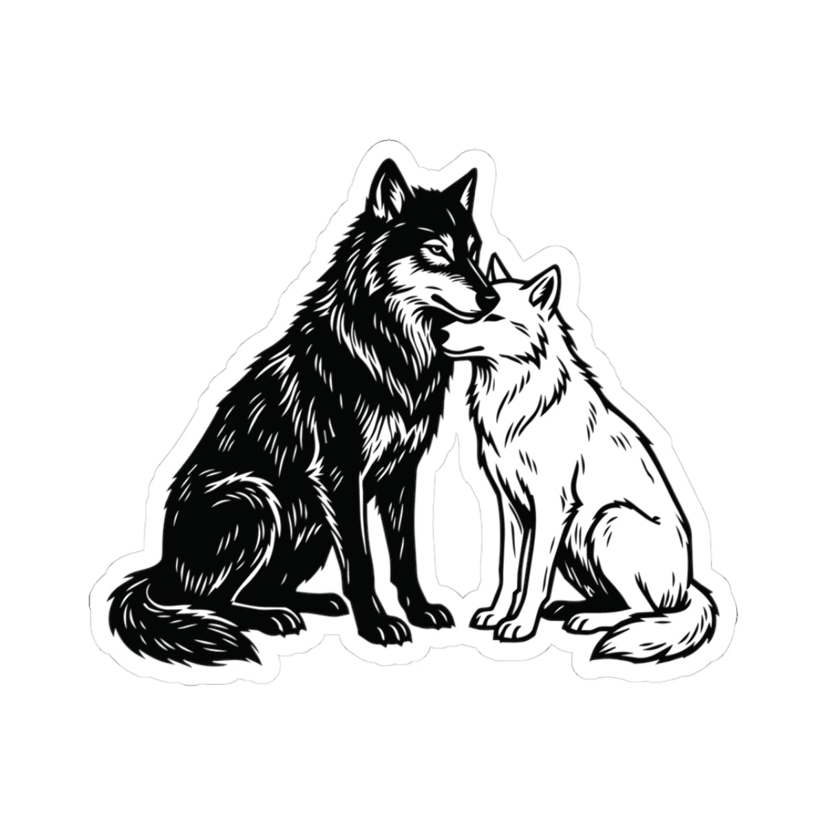 thtgrlreads Wolves of Ruin collection sticker featuring a detailed black and white illustration of two wolves nuzzling, offered by Printify within the Stickers collection.
