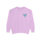 Zodiac Academy crewneck sweatshirt by thtgrlreads featuring a vintage-wash lavender Comfort Colors base and a small blue flame heart graphic on the chest.