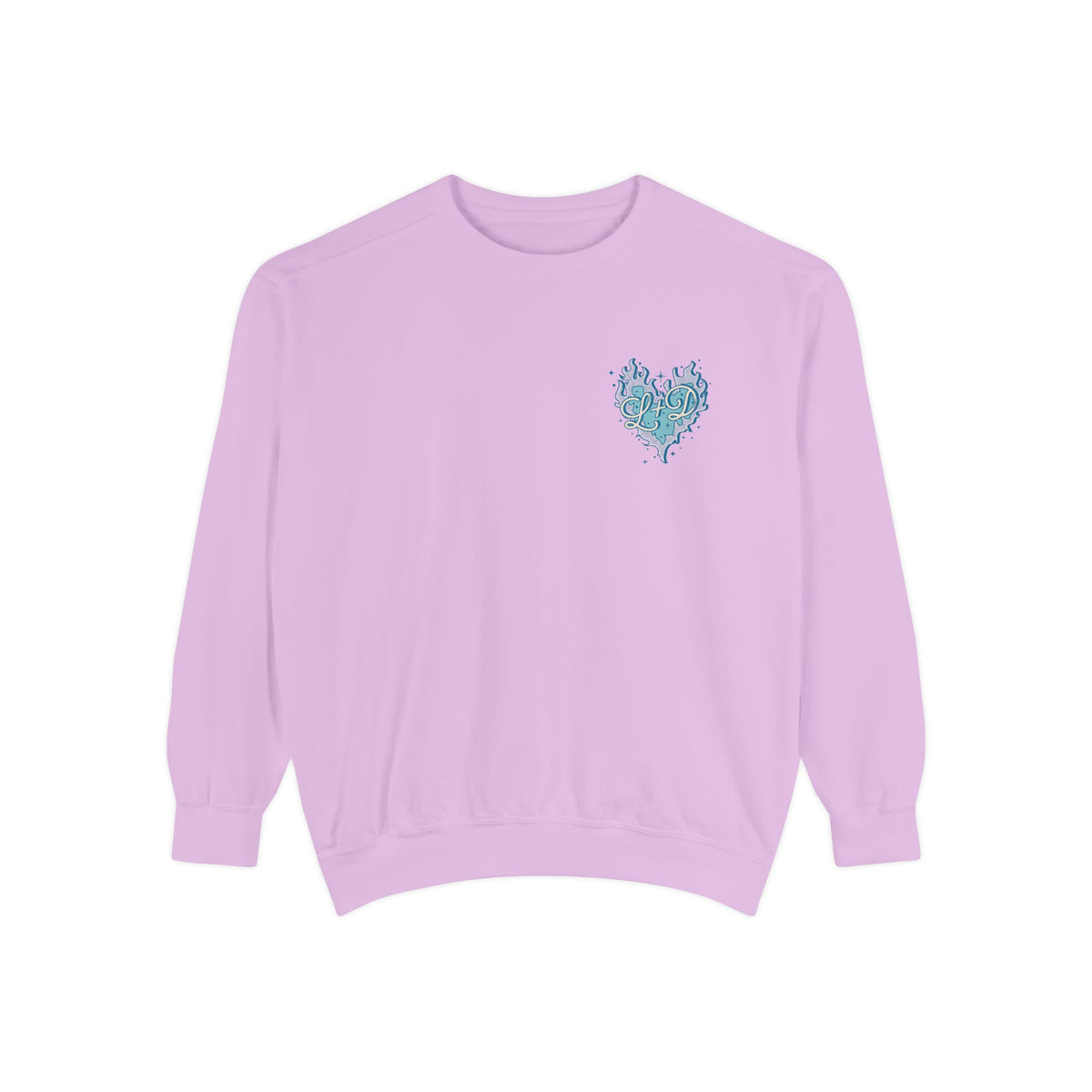 Zodiac Academy crewneck sweatshirt by thtgrlreads featuring a vintage-wash lavender Comfort Colors base and a small blue flame heart graphic on the chest.