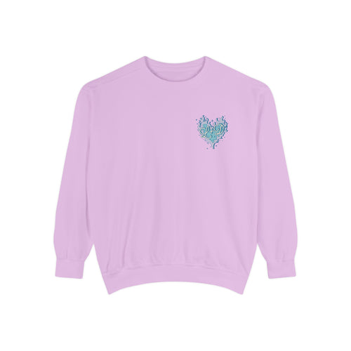 Zodiac Academy crewneck sweatshirt by thtgrlreads featuring a vintage-wash lavender Comfort Colors base and a small blue flame heart graphic on the chest.