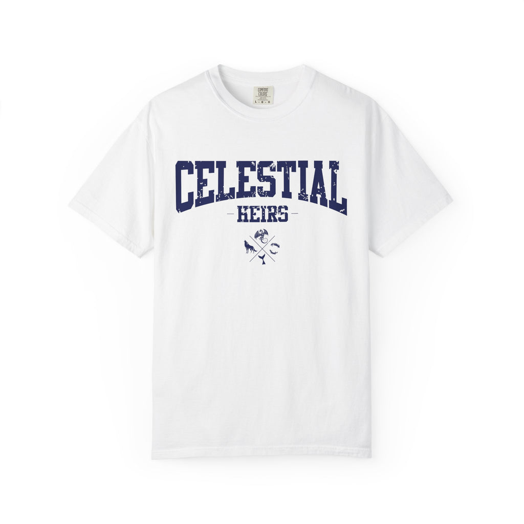 A white Comfort Colors graphic tee from thtgrlreads featuring vintage-washed soft fabric with navy collegiate-style "Celestial Heirs" text and crossed celestial symbols, part of the Zodiac Academy collection.