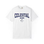 A white Comfort Colors graphic tee from thtgrlreads featuring vintage-washed soft fabric with navy collegiate-style "Celestial Heirs" text and crossed celestial symbols, part of the Zodiac Academy collection.