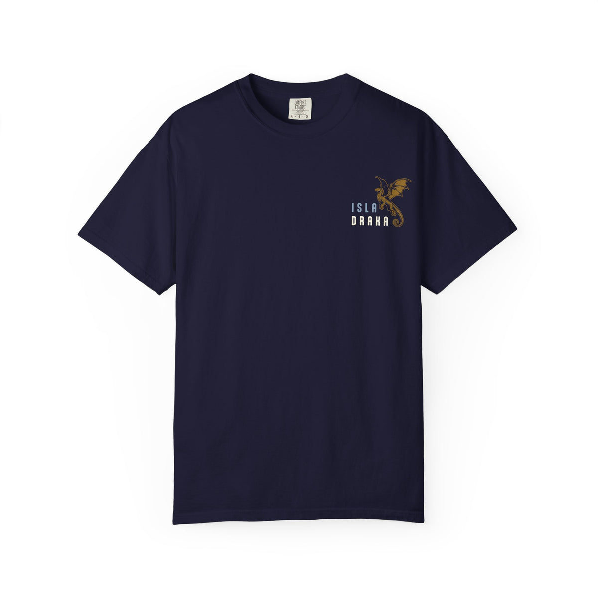 Blood Bound collection comfort colors graphic tee by thtgrlreads featuring a small golden dragon and text print on navy blue unisex ring-spun cotton shirt from Printify's Tees lineup.