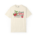 thtgrlreads comfort colors graphic tee featuring vintage-style print of Sorae’s Apple Orchard with red apples and a small brown dog, referencing a fictional Emarion setting.