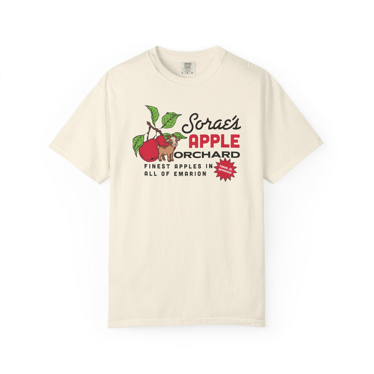 thtgrlreads comfort colors graphic tee featuring vintage-style print of Sorae’s Apple Orchard with red apples and a small brown dog, referencing a fictional Emarion setting.