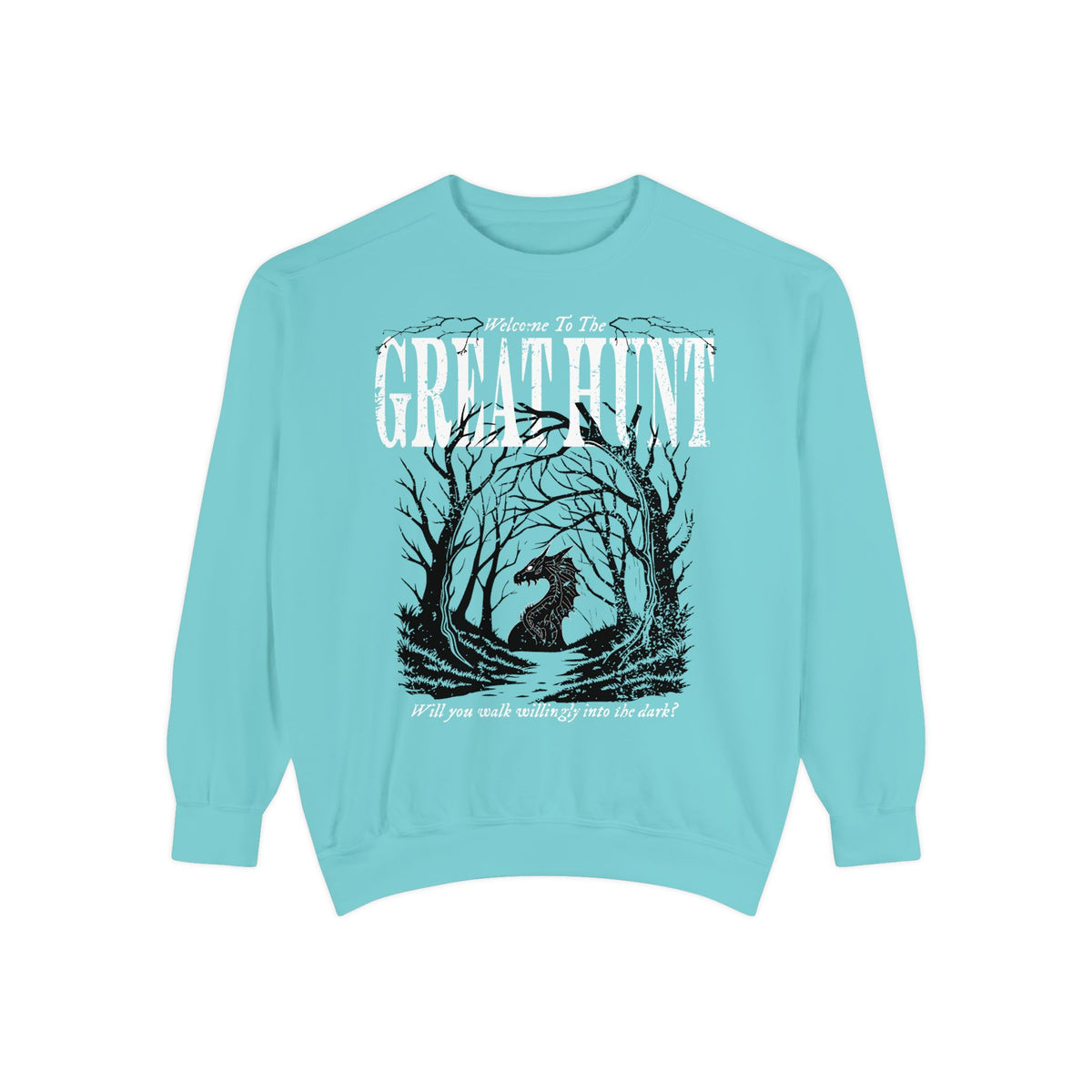 Thtgrlreads Hollow collection oversized crewneck sweatshirt in vintage-washed Comfort Colors teal featuring a dark fantasy graphic of a dragon silhouette among twisted trees with "Great Hunt" text in distressed print.
