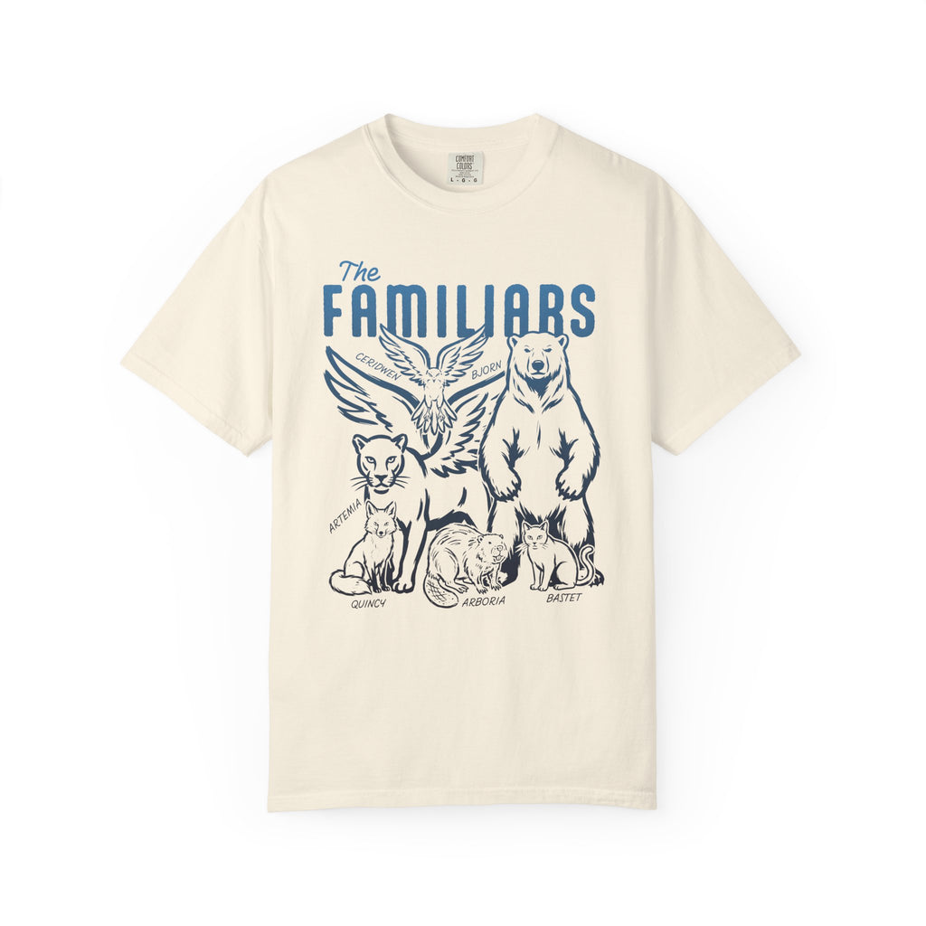 Cream Comfort Colors graphic tee featuring The Familiars blue illustration of an owl, bear, and cats, from Thtgrlreads Blood Bound collection