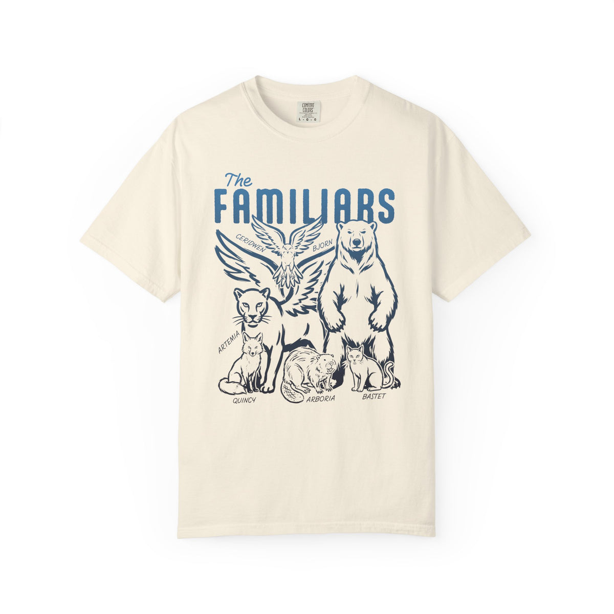 Cream Comfort Colors graphic tee featuring The Familiars blue illustration of an owl, bear, and cats, from Thtgrlreads Blood Bound collection