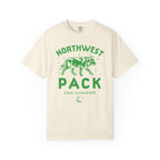 Cream unisex Comfort Colors tee with green Northwest Pack running wolf graphic and Koen Alexander text, by Thtgrlreads for Ali Hazelwood licensed bookish apparel